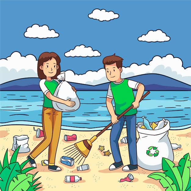 Free Vector | Volunteers cleaning up trash on the beach