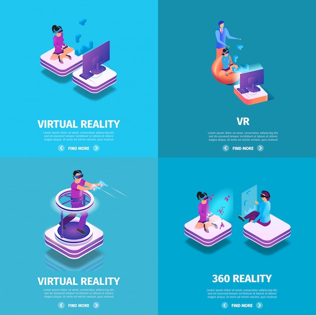 Vr square banners set with gaming people playing Premium Vector