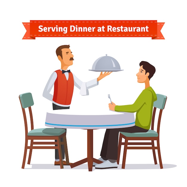 Free Vector Waiter serving silver dish with lid to a customer