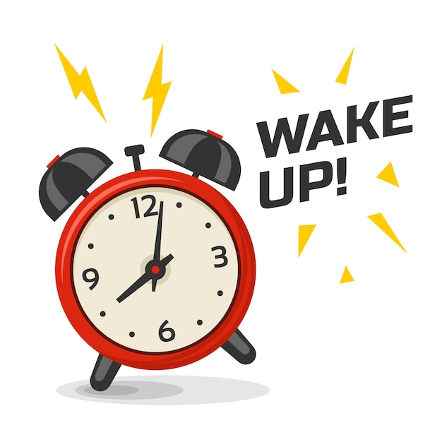 2つのベルのイラストで目覚まし時計を起こします 漫画の孤立した動的な画像 赤と黄色の色の朝の目覚まし時計 プレミアムベクター