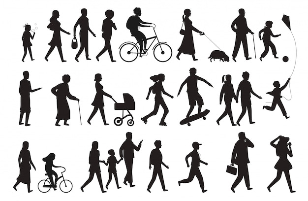 歩く人のシルエット グループの人々の若い女性の女性と子供が歩いて家族分離黒セット プレミアムベクター