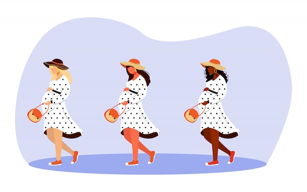 妊娠中の女の子のイラストセットを歩いています 幸せな妊娠時間 完全な長さのスタイリッシュな女性の散歩や白い背景の上の漫画のキャラクターの夢 プレミアムベクター