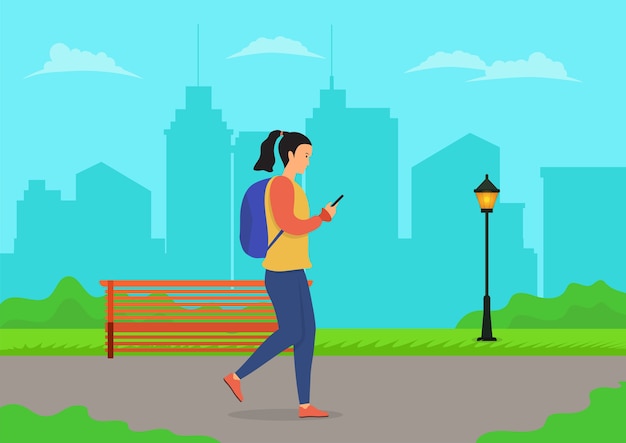 都市公園で携帯電話を使って歩く女性 フラットイラスト プレミアムベクター