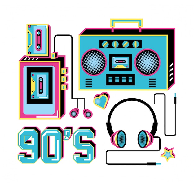 Premium Vector | Walkman with headphones and radio of nineties retro