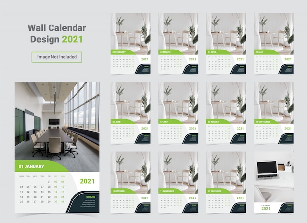 36 Kalender Dinding 2021 Hijau Desain Moderen PSD dan Vector