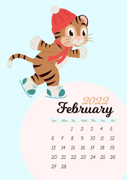 Premium Vector Wall Calendar Template For February 2022 Year Of The Tiger