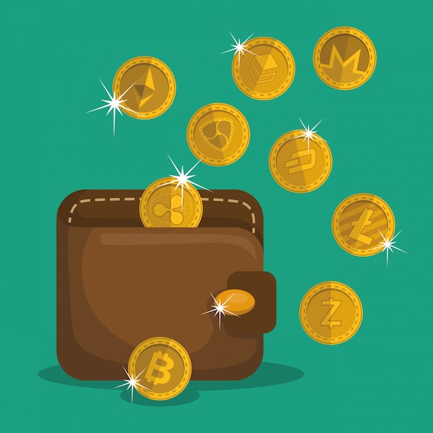 Wallet with virtual coins Premium Vector