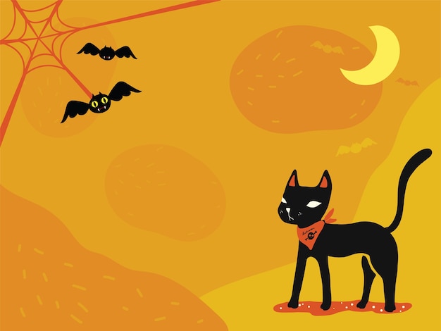 ハロウィンテーマの壁紙 黒い猫 スパイダーウェブとかわいいコウモリ プレミアムベクター