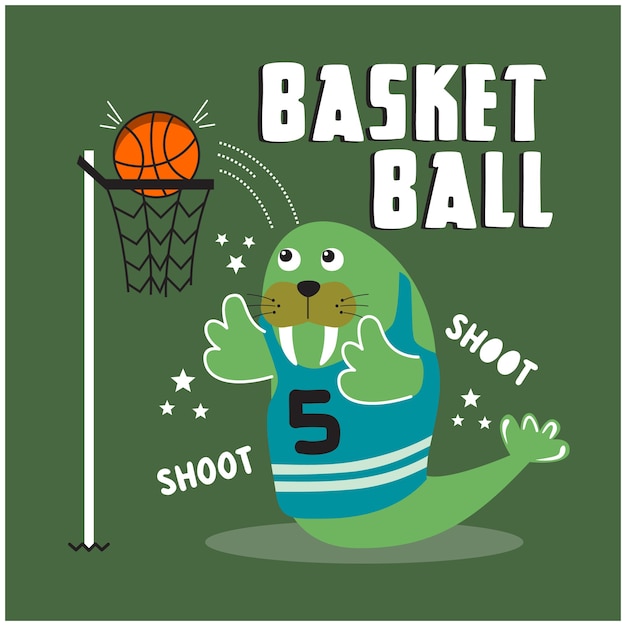 バスケットボールをするセイウチ面白い動物漫画イラスト プレミアムベクター