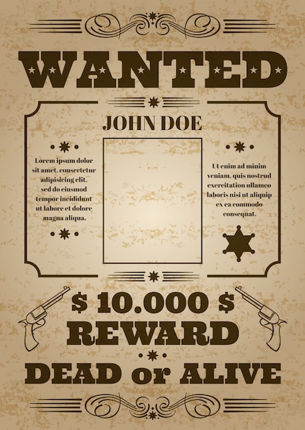 Wanted dead or alive western old vintage vector poster with distressed ...