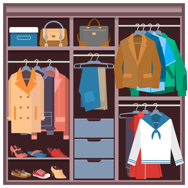 Premium Vector | Wardrobe with clothes and accessories vector flat ...
