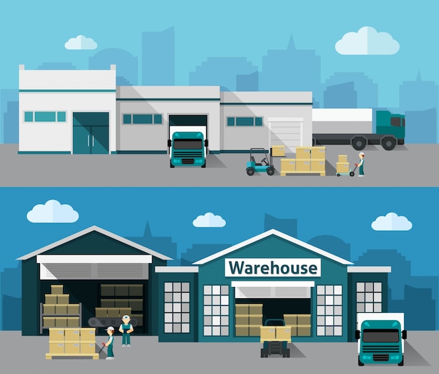 Cartoon figure with 2 images with truck dock and a warehouse
