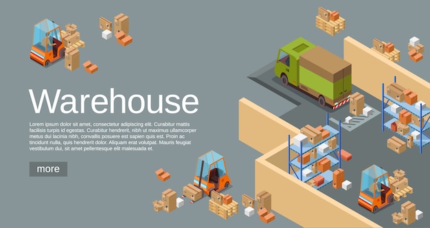 Warehouse isometric 3D of logistics transport and delivery vehicles. Free Vector Warehouse isometric 3D of logistics transport and delivery vehicles. Free Vector
