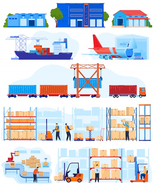 Warehouse logistic service vector illustration set. Premium Vector