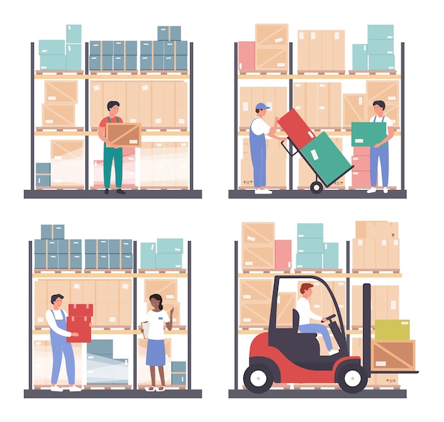 倉庫物流イラストセット 漫画の労働者の人々は倉庫の卸売倉庫で働く 箱 輸送 白の在庫フォークリフトローダーでパッケージを読み込む プレミアムベクター