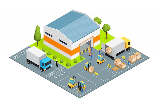 Warehouse outside view isometric | Free Vector