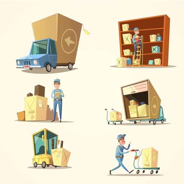 Free Vector | Warehouse retro cartoon set