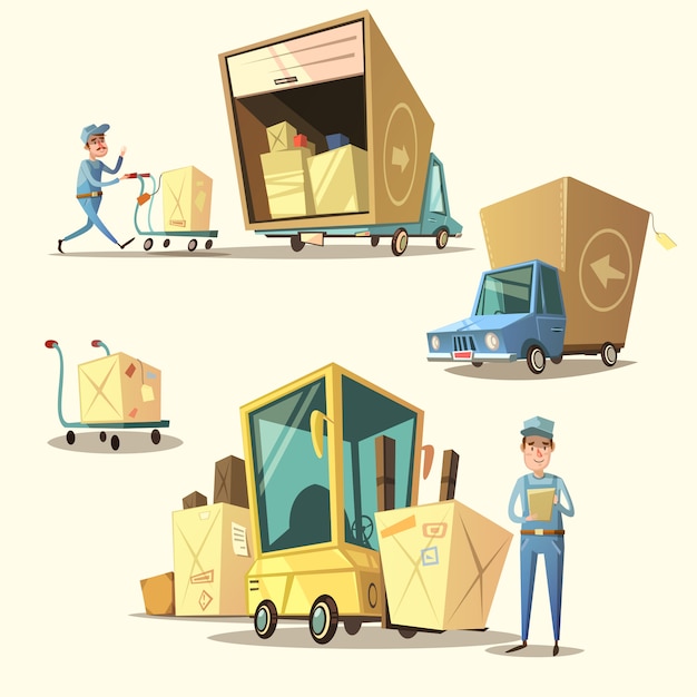 Free Vector | Warehouse retro cartoon set