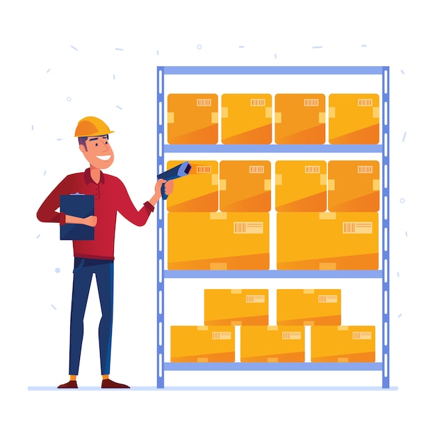 Warehouse worker is checking the boxes with qr code scanner Premium Vector