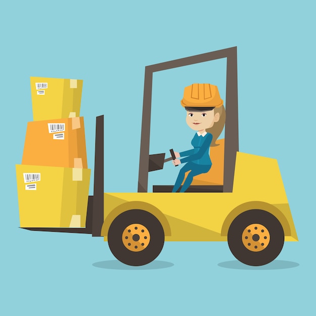 Premium Vector | Warehouse worker moving load by forklift truck.