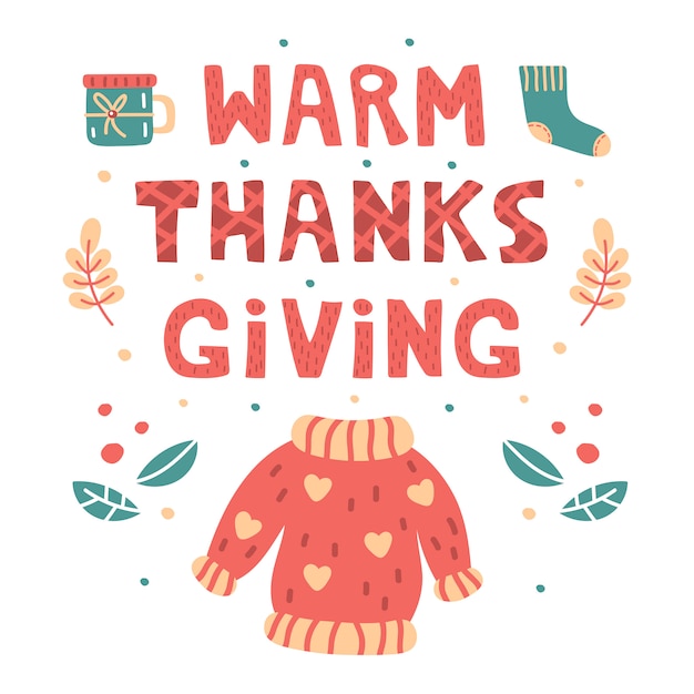 暖かい感謝祭手描きのレタリング イラスト フラットカードを印刷します セーター 靴下 ティーカップ 葉の漫画スタイルのイラスト 感謝祭の日 プレミアムベクター