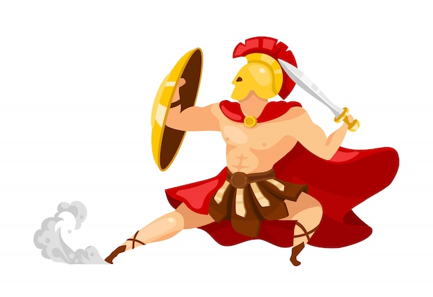 戦士フラットイラスト 鎧のテセウス 剣と盾の剣闘士 ギリシャ神話 アクションポーズの戦闘機 白い背景の上の防衛スタンス分離の漫画のキャラクターの男 プレミアムベクター