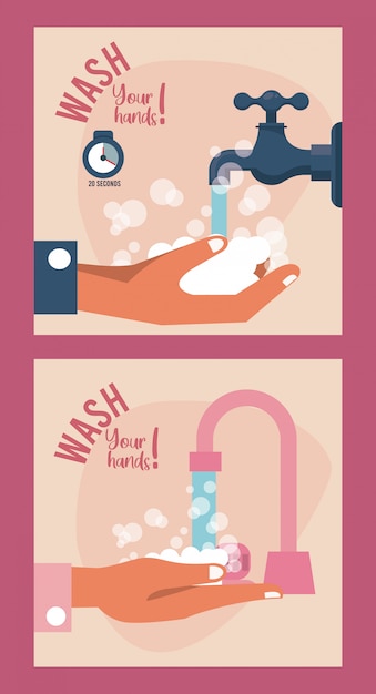 Wash your hands campaign poster hands and water tap | Premium Vector