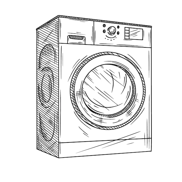 白い背景の上の洗濯機 スケッチスタイルのイラスト プレミアムベクター