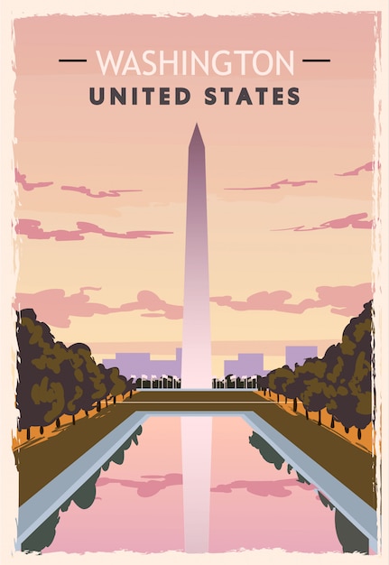 ワシントン記念碑のレトロなポスター アメリカワシントン旅行イラスト アメリカ合衆国 プレミアムベクター
