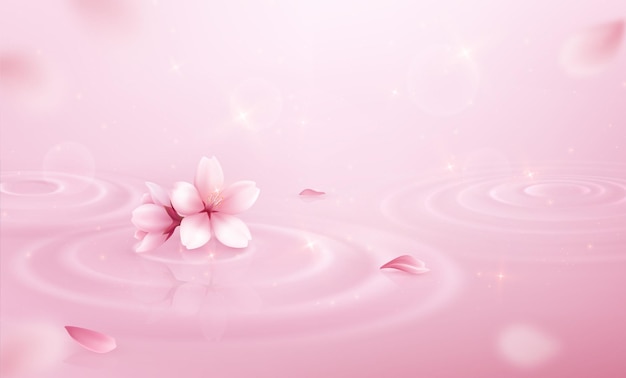 水輪の花びらの背景の輝きと桜の花とリアルなピンクの構成 無料のベクター