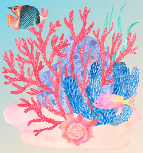 Premium Vector | Under water. colorful corals, fishes and seashell ...