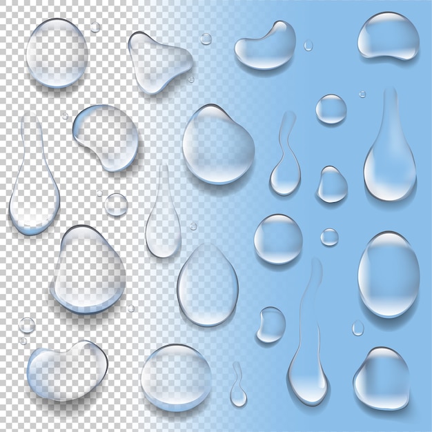 水滴の大きなセットグラデーションメッシュ イラスト付きの透明で青い背景 プレミアムベクター