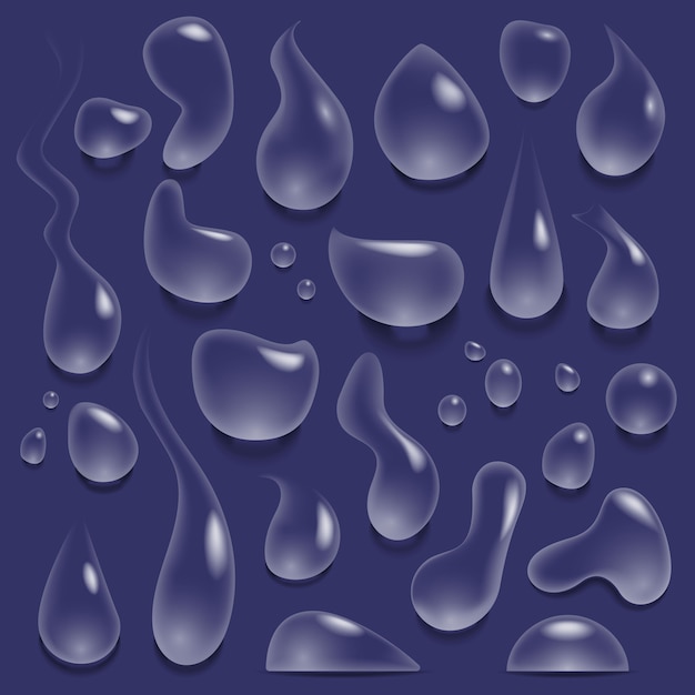 水滴 純粋な水の現実的なドロップ 雨の液滴と水しぶき さまざまな形のイラストの涙のセット 青い表面に流れる透明な光沢のあるアクアバブル プレミアムベクター