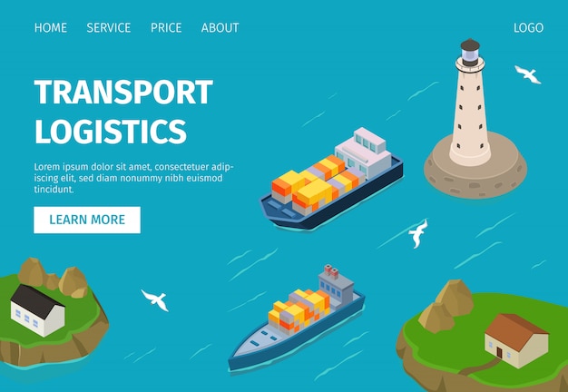 水貨物輸送物流イラストウェブサイト 港のコンテナー船 プレミアムベクター