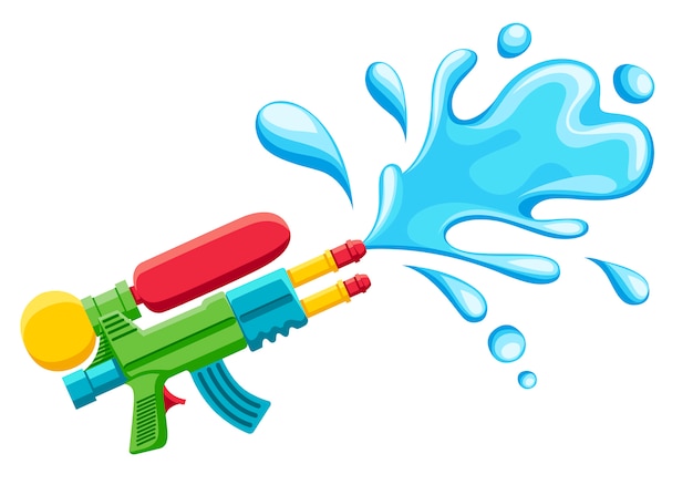 水鉄砲のイラスト プラスチック製の夏のおもちゃ 子供のためにカラフル 水のしぶきが付いている銃 白い背景の上の図 プレミアムベクター