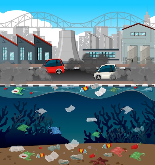 Free Vector | Water pollution with plastic bags in city