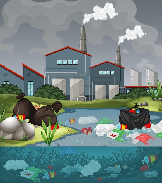 川のビニール袋による水質汚染 無料のベクター