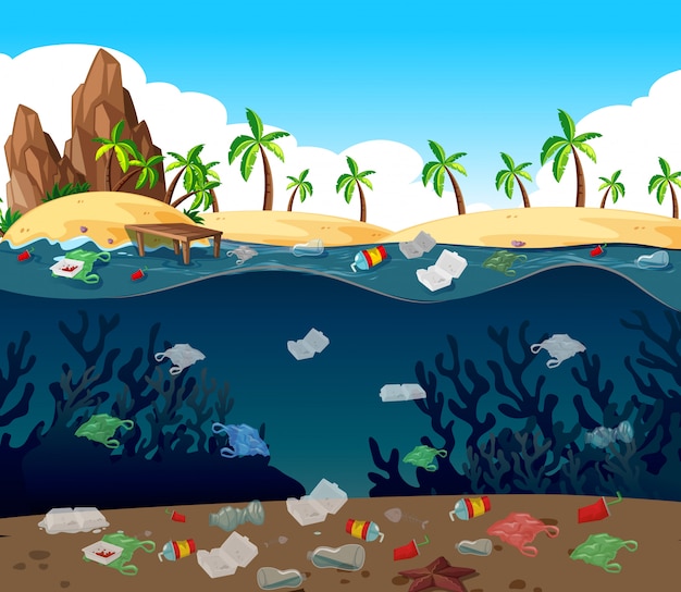 Water pollution with plastic bags in ocean Free Vector