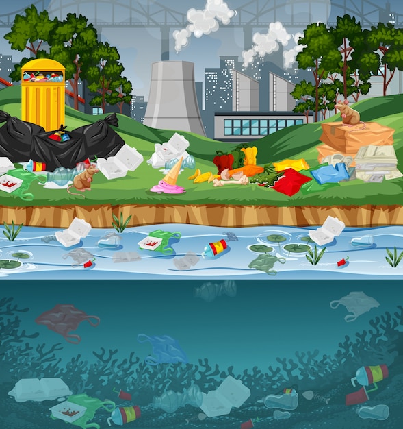 Water pollution with plastic bags in park Vector | Free Download