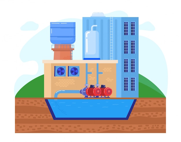 産業工場のイラストの水ポンプ場 漫画フラット産業ポンプはタンクの貯水池からきれいな水をとります プレミアムベクター