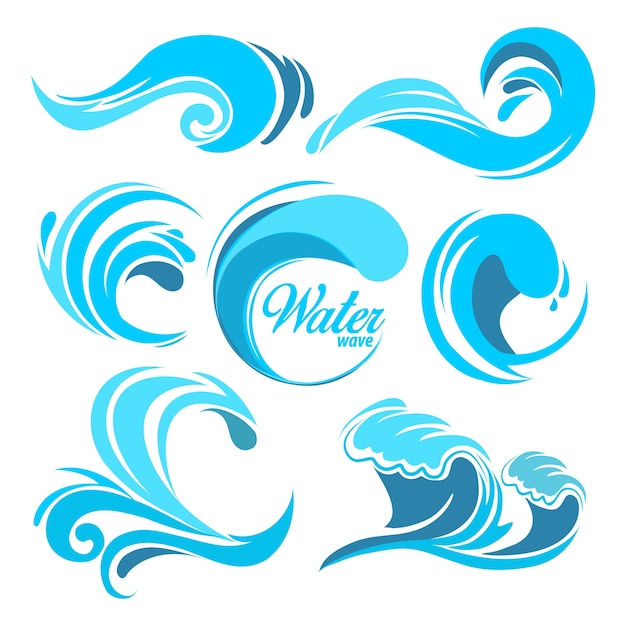 水しぶきと海の波 ロゴのグラフィックシンボル 波水海の渦巻き 自然のコレクション 水の波のイラスト プレミアムベクター