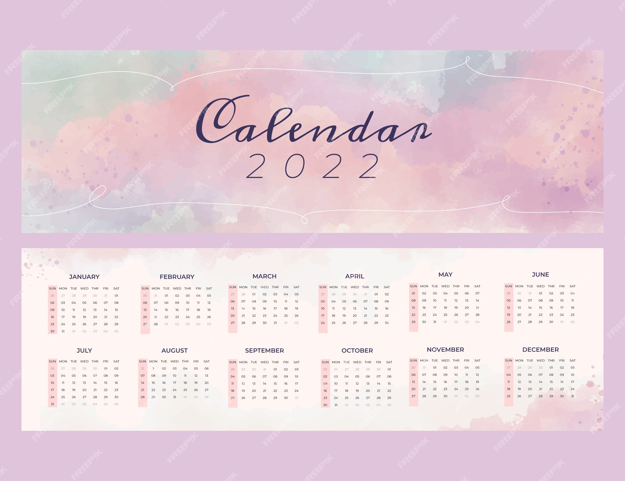 Free Vector | Watercolor 2022 calendar template