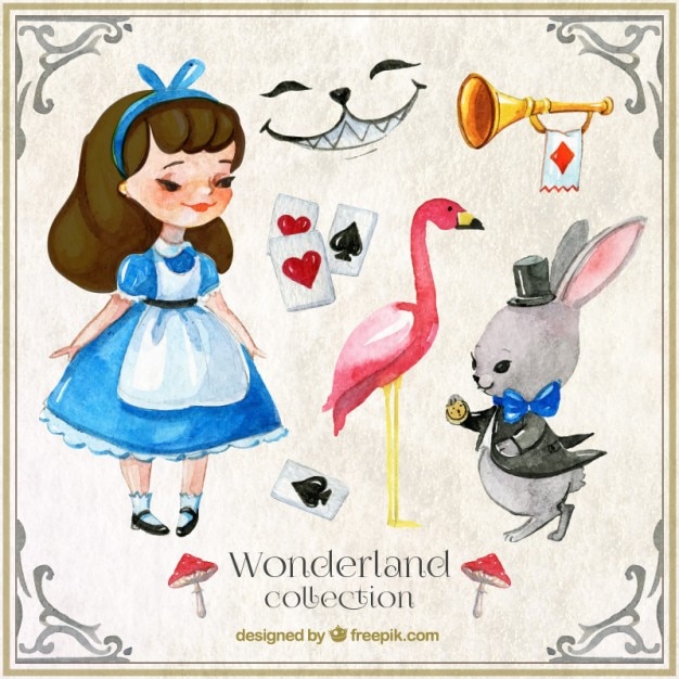 Watercolor alice in wonderland characters and elements Vector | Free ...