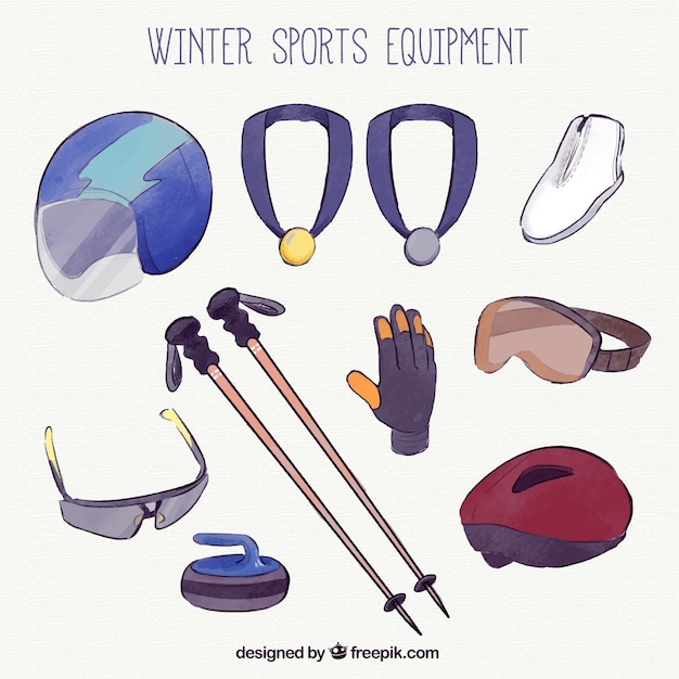 Watercolor assortment of items for\
skiing