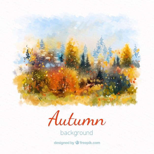 Watercolor autumn background with forest