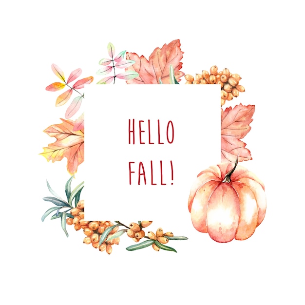 Download Watercolor autumn frame with pumpkin and leaves Vector ...
