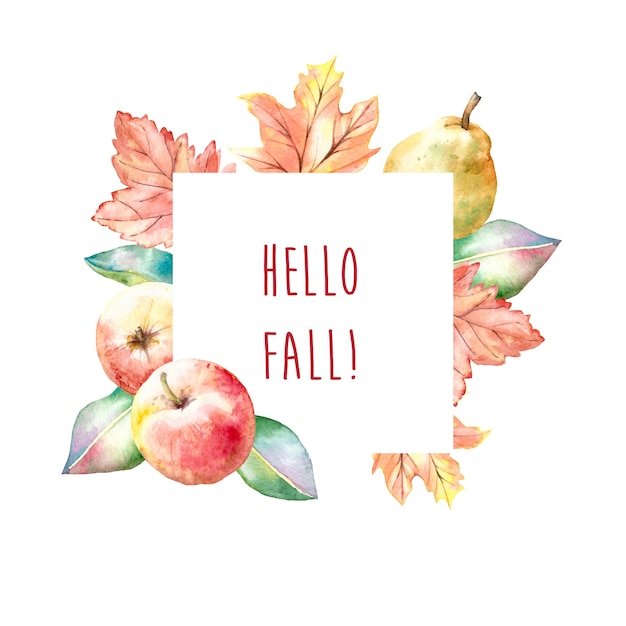 Premium Vector | Watercolor autumn harvest frame with apples and pears