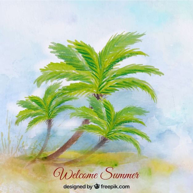 Watercolor background of beach with palm\
trees