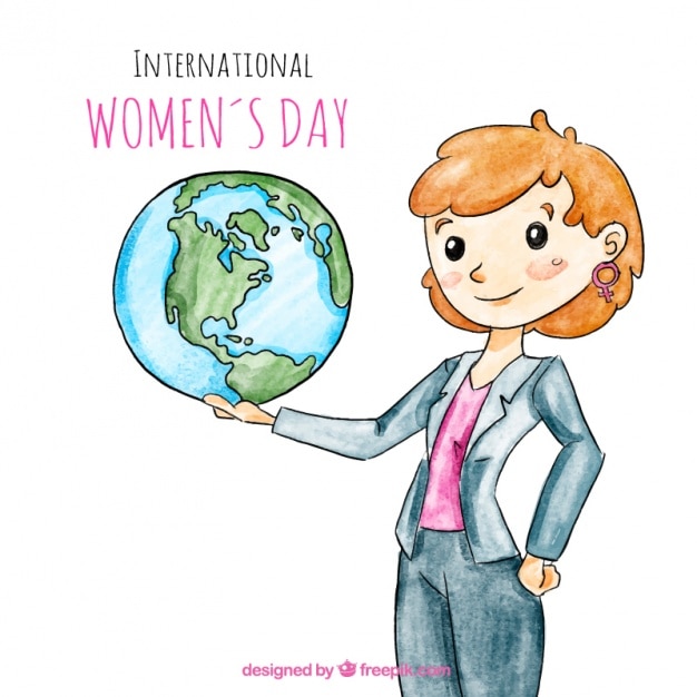 Watercolor background of business woman holding\
the world