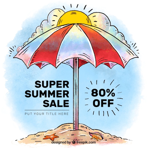 Download Free Vector Watercolor Background Of Sale With Umbrella On The Beach